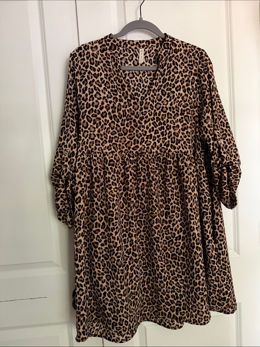 Leopard Print Babydoll Mini Dress | 3/4 Sleeve Tunic | Boho Chic Animal Print